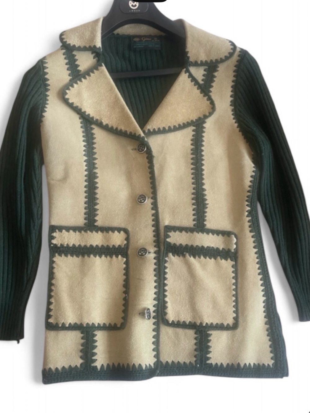 Vintage Style 70s 80s Boho Faux Suede Leather Knit Green Patchwork Jacket MEDIUM